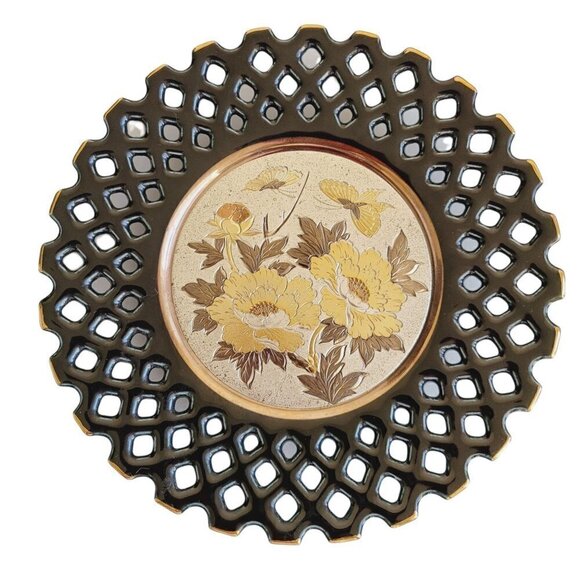 Vintage Art of Chokin Plate 6" Black Lattice Gold Gilding Flowers Butterflies - Picture 1 of 6